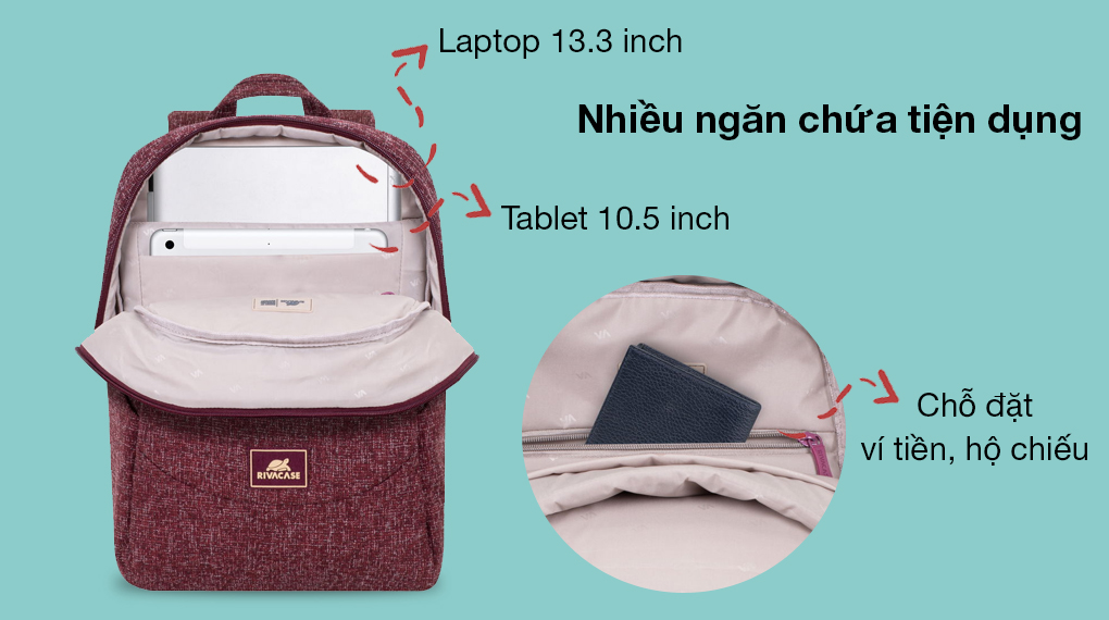 Balo Laptop 13.3 inch Rivacase 7923 - Có nhiều ngăn đựng cung cấp không gian lưu trữ lớn