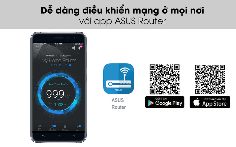 Dễ dàng điều khiển mạng ở mọi nơi với app ASUS Router - Bộ Phát Sóng Wifi Router Chuẩn AC1500UHP Băng Tần Kép Asus AC1500 Đen