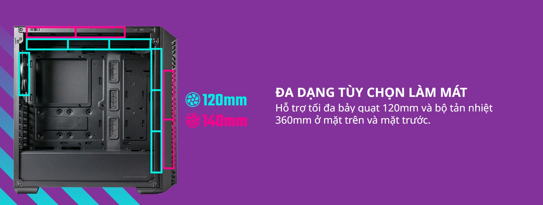 Hỗ trợ tối đa bảy quạt 120mm và bộ tản nhiệt 360mm ở mặt trên và mặt trước.