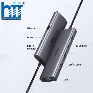 Bộ chuyển USB C to HDMI + VGA + USB 3.0 +LAN 1Gbps + Card Reader + PD Power 100W Ugreen 15600