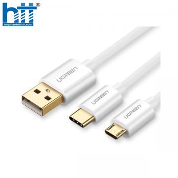 Ugreen 30380 1.5M màu trắng Cáp USB-A sang Micro USB + USB-C cao cấp US142 20030380