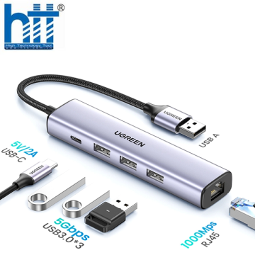 Hub chuyển đổi 5 in 1 USB Type-A ra Lan 1000Mbps Kèm HUB 3 Cổng USB 3.0 Ugreen 60554