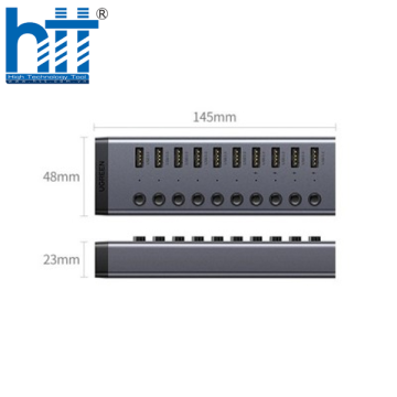Bộ HUB chia 10 cổng USB 3.0 5Gbps vỏ nhôm, công tắc Ugreen 30779 (kèm nguồn 12V4A) cao cấp