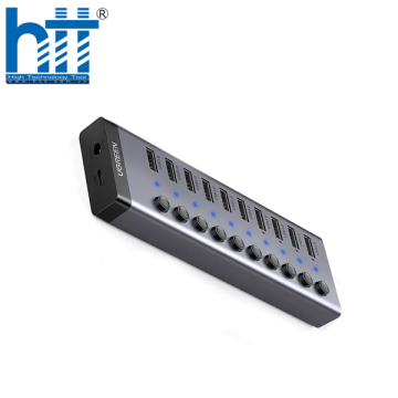 Bộ HUB chia 10 cổng USB 3.0 5Gbps vỏ nhôm, công tắc Ugreen 30779 (kèm nguồn 12V4A) cao cấp