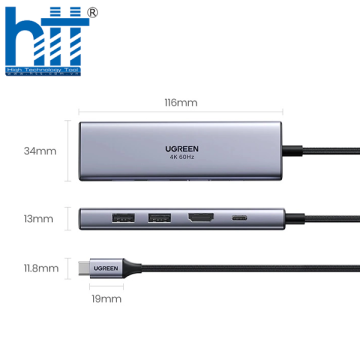 HUB USB-C to HDMI 4K@60Hz kèm Hub 2 USB 3.0 + SD/TF Cao Cấp Ugreen 60384 Sạc ngược USB – C 100W