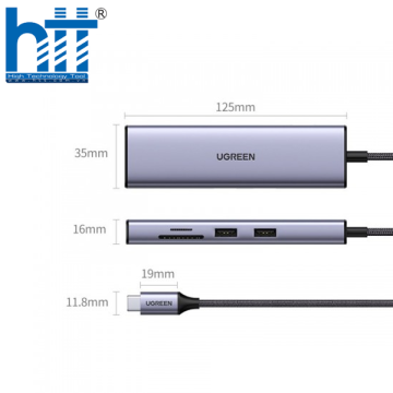 Bộ chuyển USB C 7 trong 1 Ugreen 60515, hỗ trợ HDMI 4K@60Hz + USB + LAN Gigabit + SD/ TF + PD100W