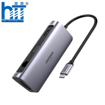 Bộ chuyển USB type C to 3xUSB3.0 4K-HDMI VGA RJ45 SD-TF PD hỗ trợ PD 3.0 CM179 Ugreen 70490 100W 9 trong 1 màu xám