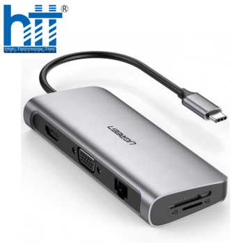 Bộ chuyển USB type C to 3xUSB3.0 4K-HDMI VGA RJ45 SD-TF PD hỗ trợ PD 3.0 CM179 Ugreen 70490 100W 9 trong 1 màu xám